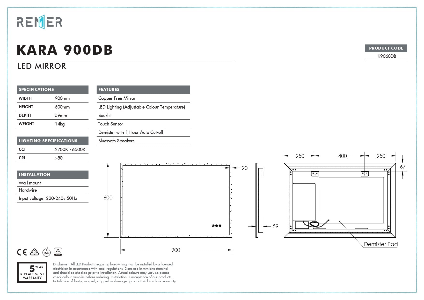 KARA | RECTANGLE BLUETOOTH LED MIRROR 900X600