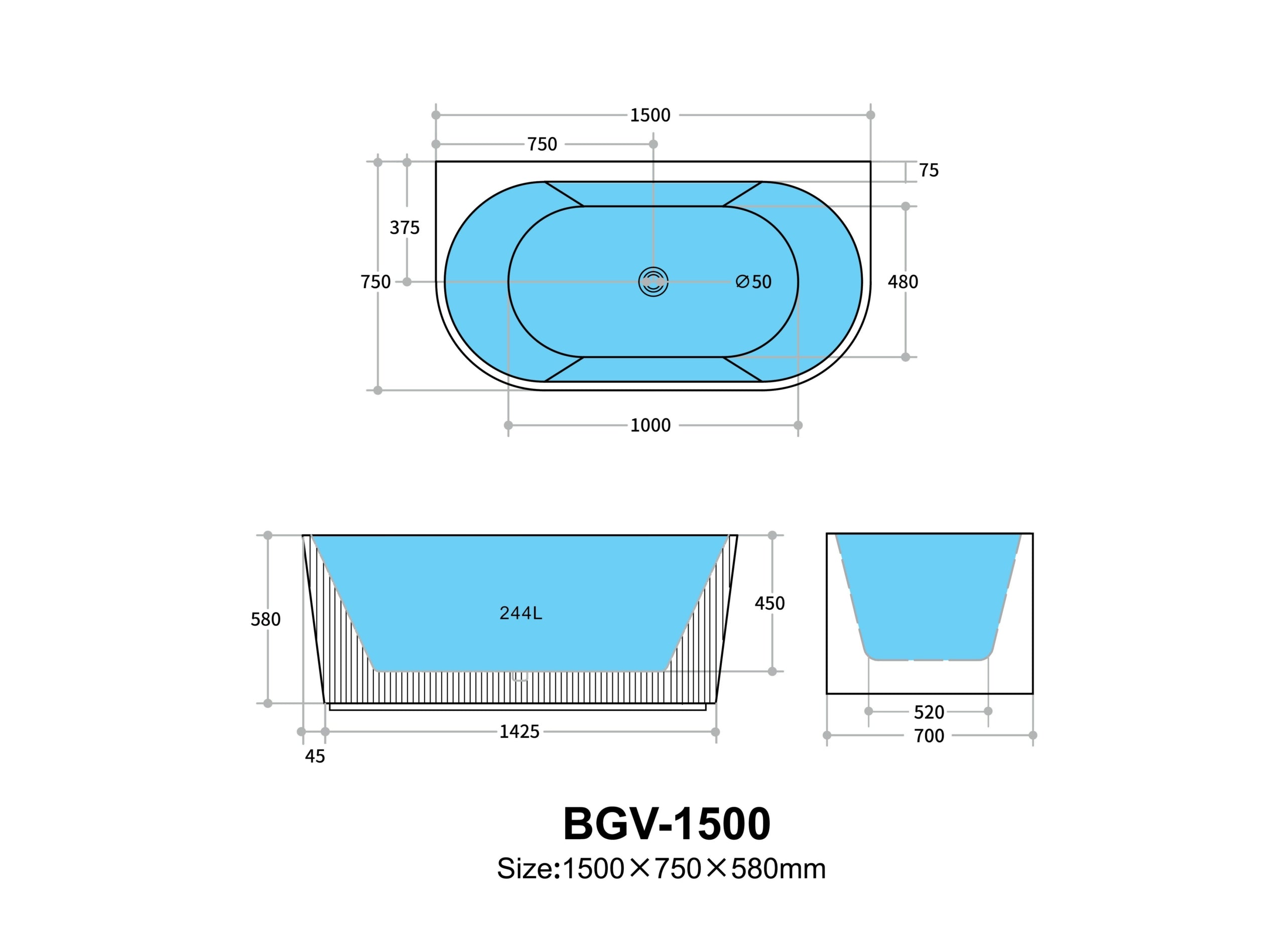 BARI | GROOVE BACK TO WALL BATHTUB 1500