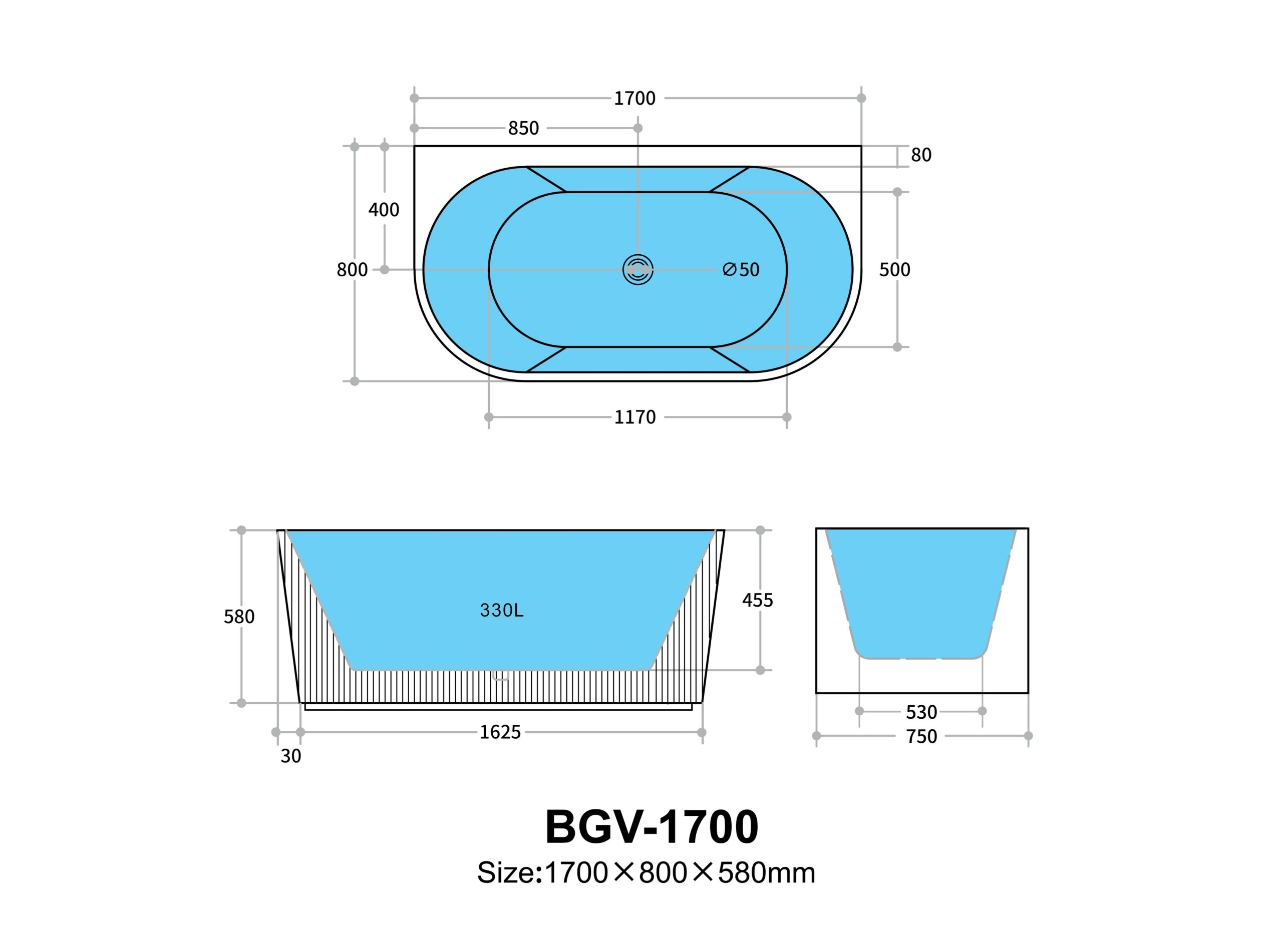 BARI | GROOVE BACK TO WALL BATHTUB 1700
