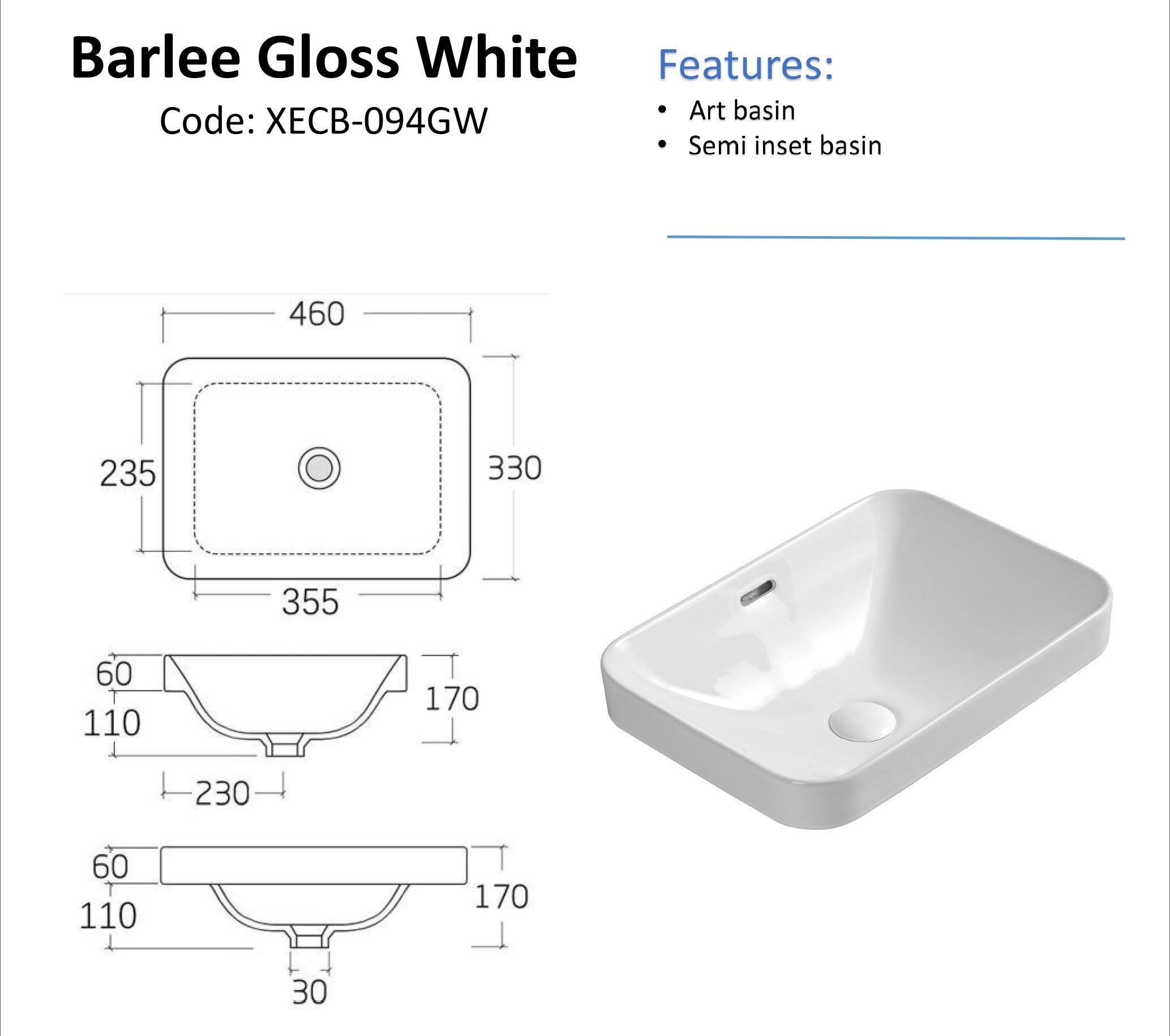 BARLEE | RECTANGLE BASIN | 460X330