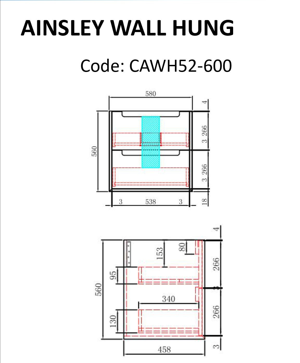 AINSLEY | 600MM WALL HUNG VANITY WITH CERAMIC TOP