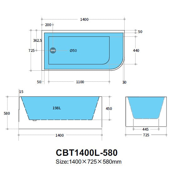 CORNER | LEFT CORNER BATHTUB 1400
