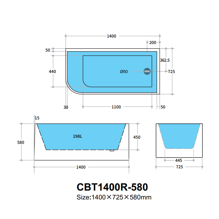 CORNER | RIGHT CORNER BATHTUB 1400