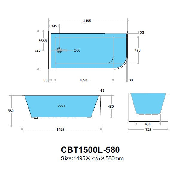 CORNER | LEFT CORNER BATHTUB 1500