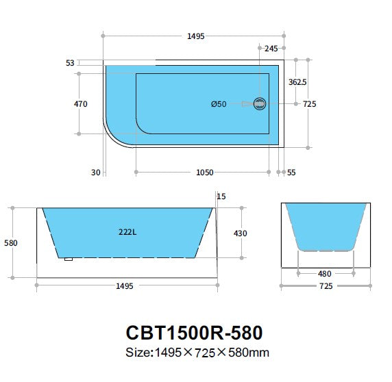 CORNER | RIGHT CORNER BATHTUB 1500