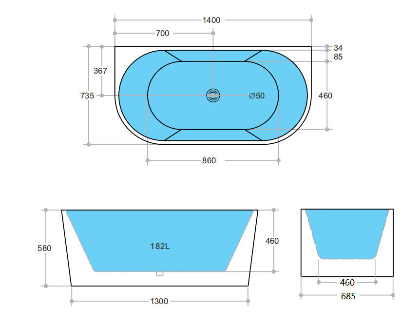 ELIVIA | BACK TO WALL BATHTUB 1400