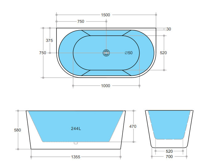 ELIVIA | BACK TO WALL BATHTUB 1500