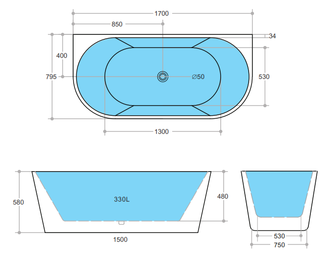 ELIVIA | BACK TO WALL BATHTUB 1700 | BLACK & WHITE