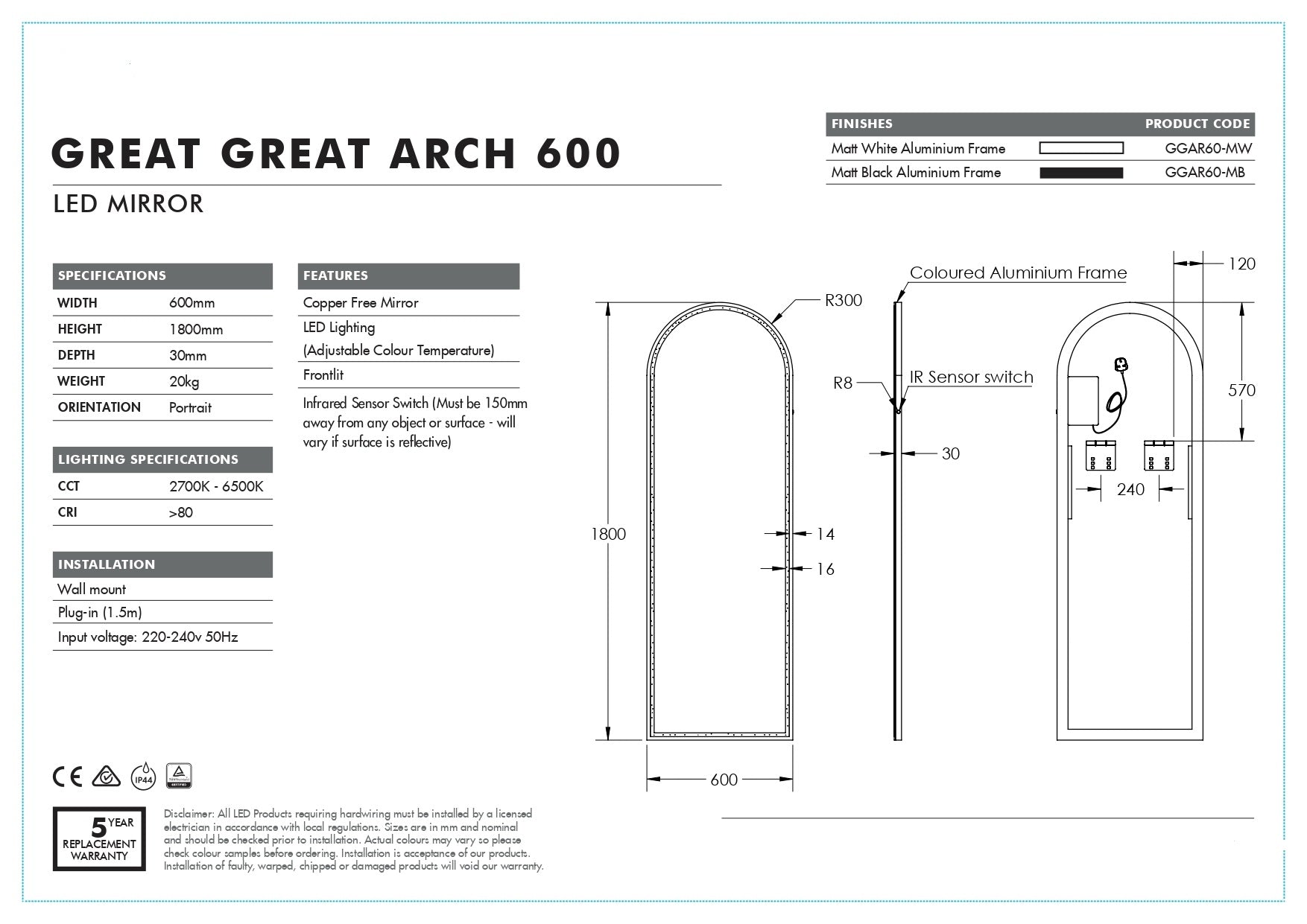 REMER | GREAT GREAT ARCHED LED MIRROR | 600X1800