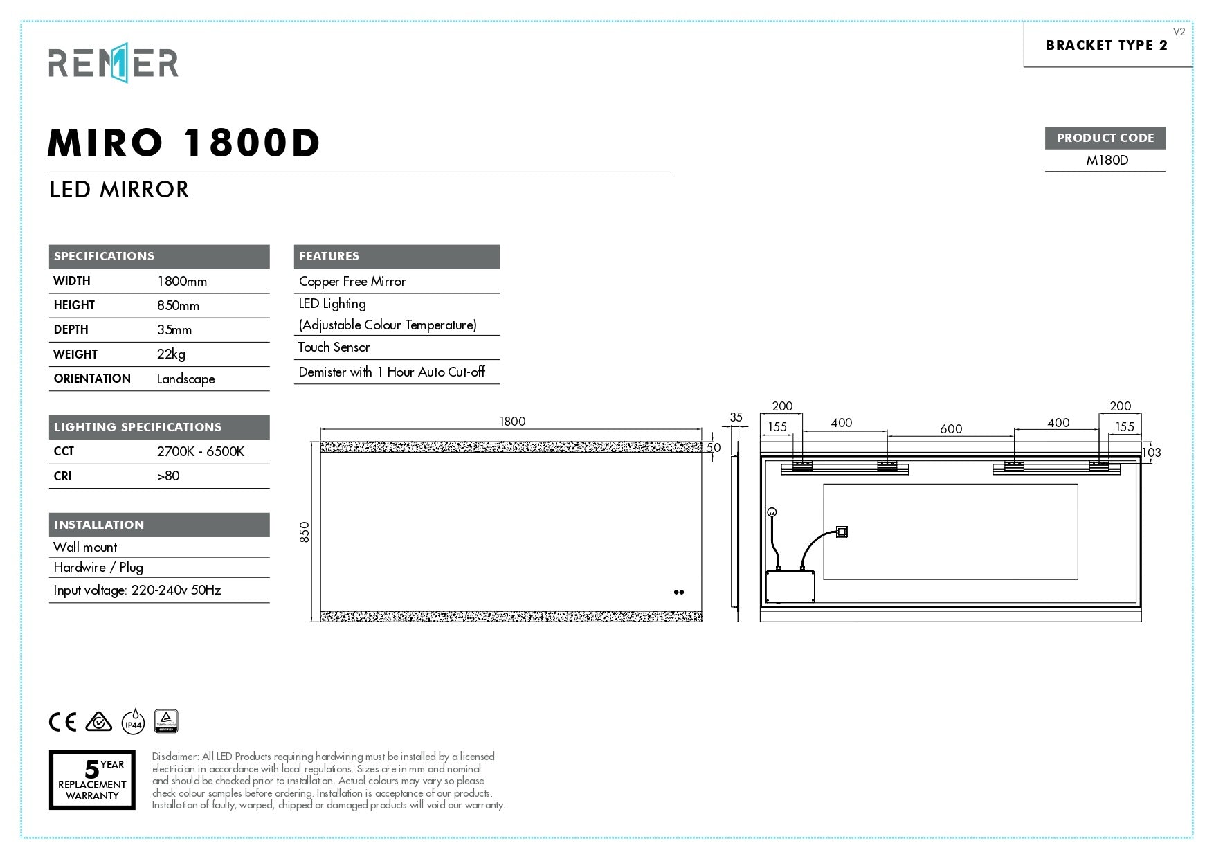 MIRO | RECTANGLE LED MIRROR 1800X850