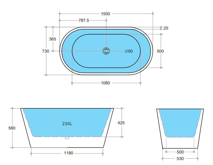 OVIA | FREESTANDING BATHTUB 1500 | BLACK & WHITE
