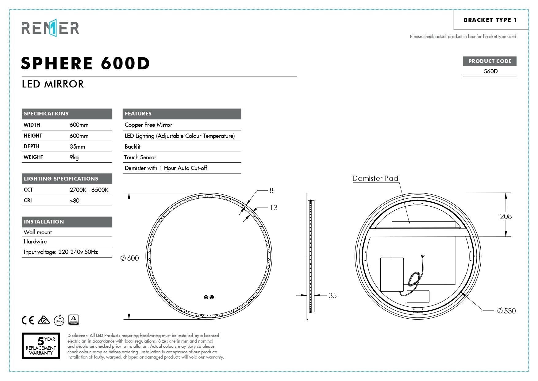 SPHERE | ROUND LED MIRROR WITH DEMISTER 600X600
