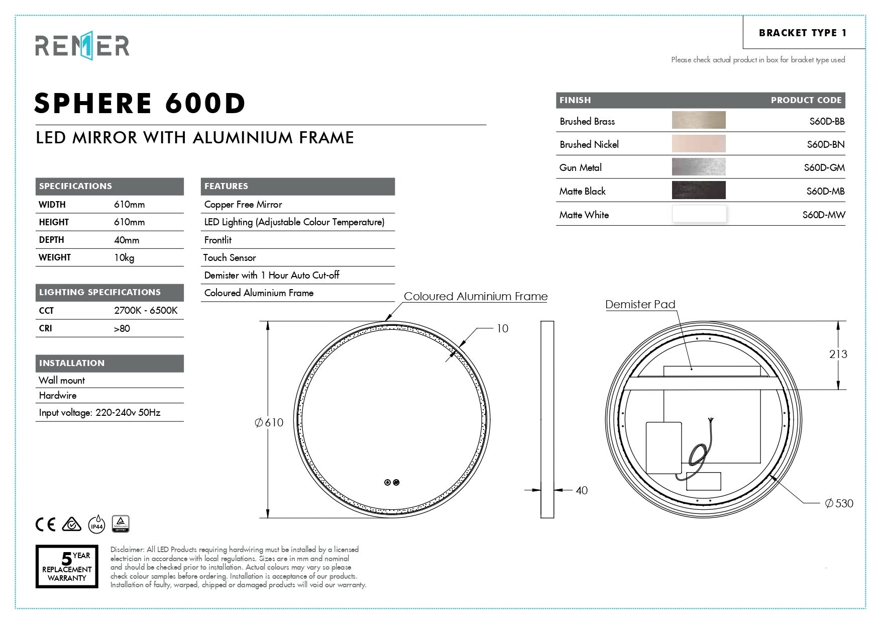 SPHERE | ROUND LED MIRROR WITH DEMISTER 600X600