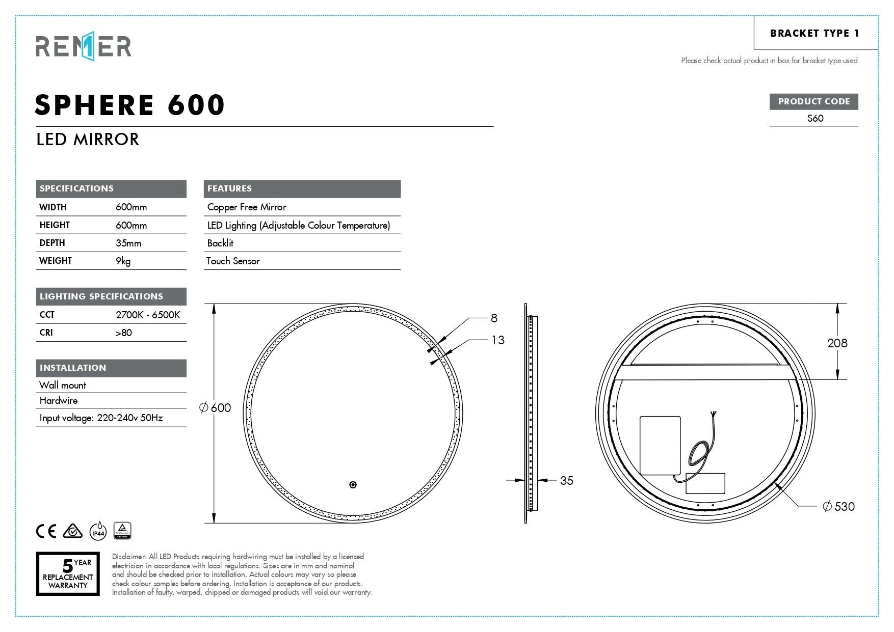 SPHERE | ROUND LED MIRROR 600X600