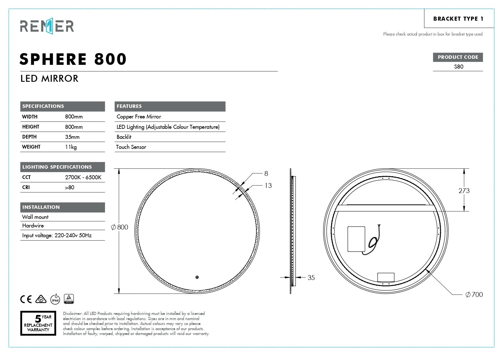 SPHERE | ROUND LED MIRROR WITH 800X800
