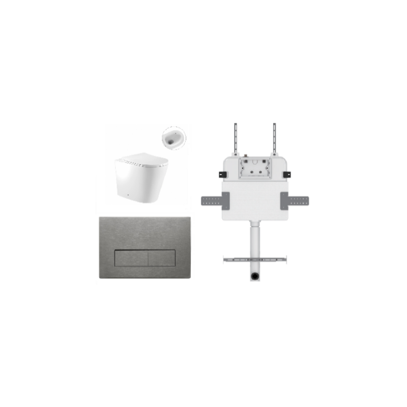 ZERO EXTRA HIGH FLOOR PAN | R&T CISTERN | SQUARE BRUSHED NICKEL | IN-WALL TOILET SUITE