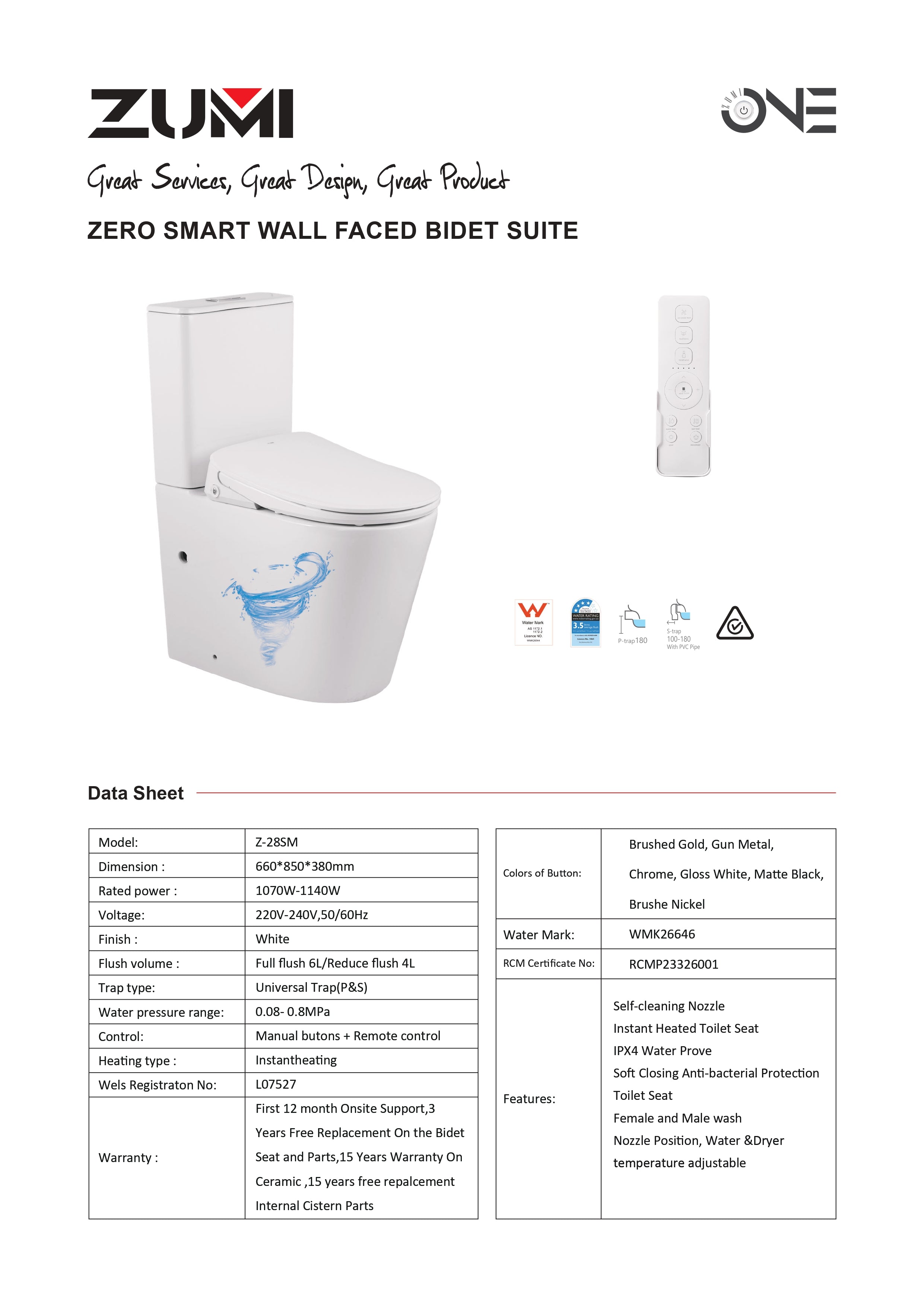 ZERO | BACK TO WALL | RIMLESS TOILET WITH SMART BIDET SEAT