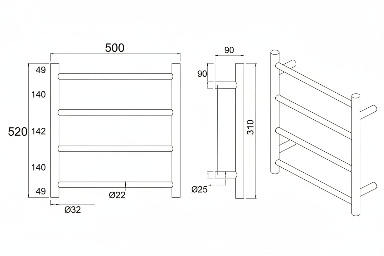 Round Electric Heated Towel Rail 4 Bar Matt black for Modern Bathrooms