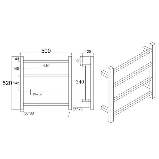 B&T World Heated Towel Rail 4 Bars Brushed Brass