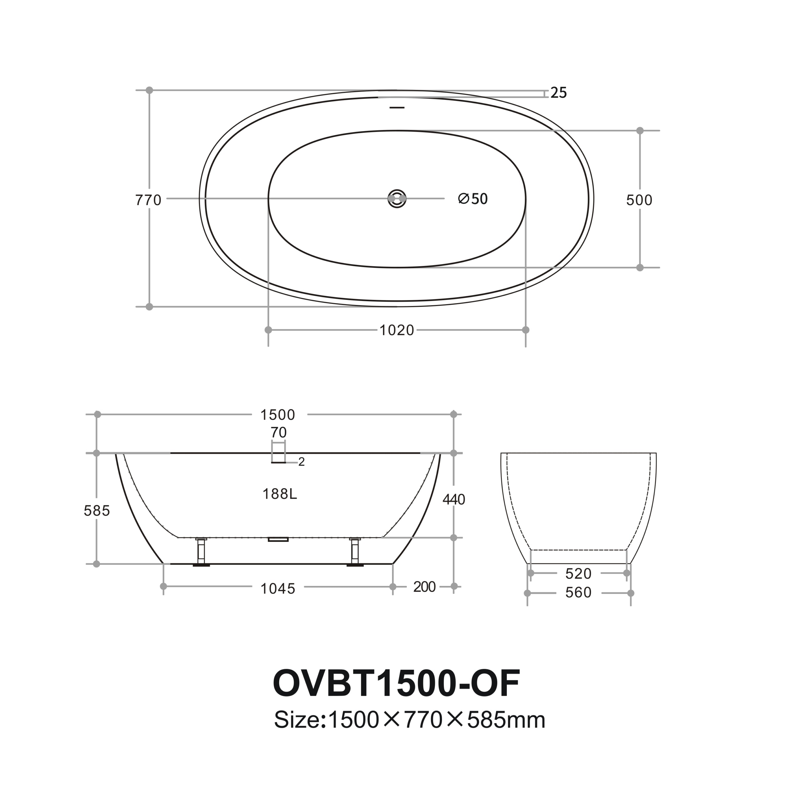 OLIVIA | FREESTANDING BATHTUB 1500-OF | GLOSS WHITE