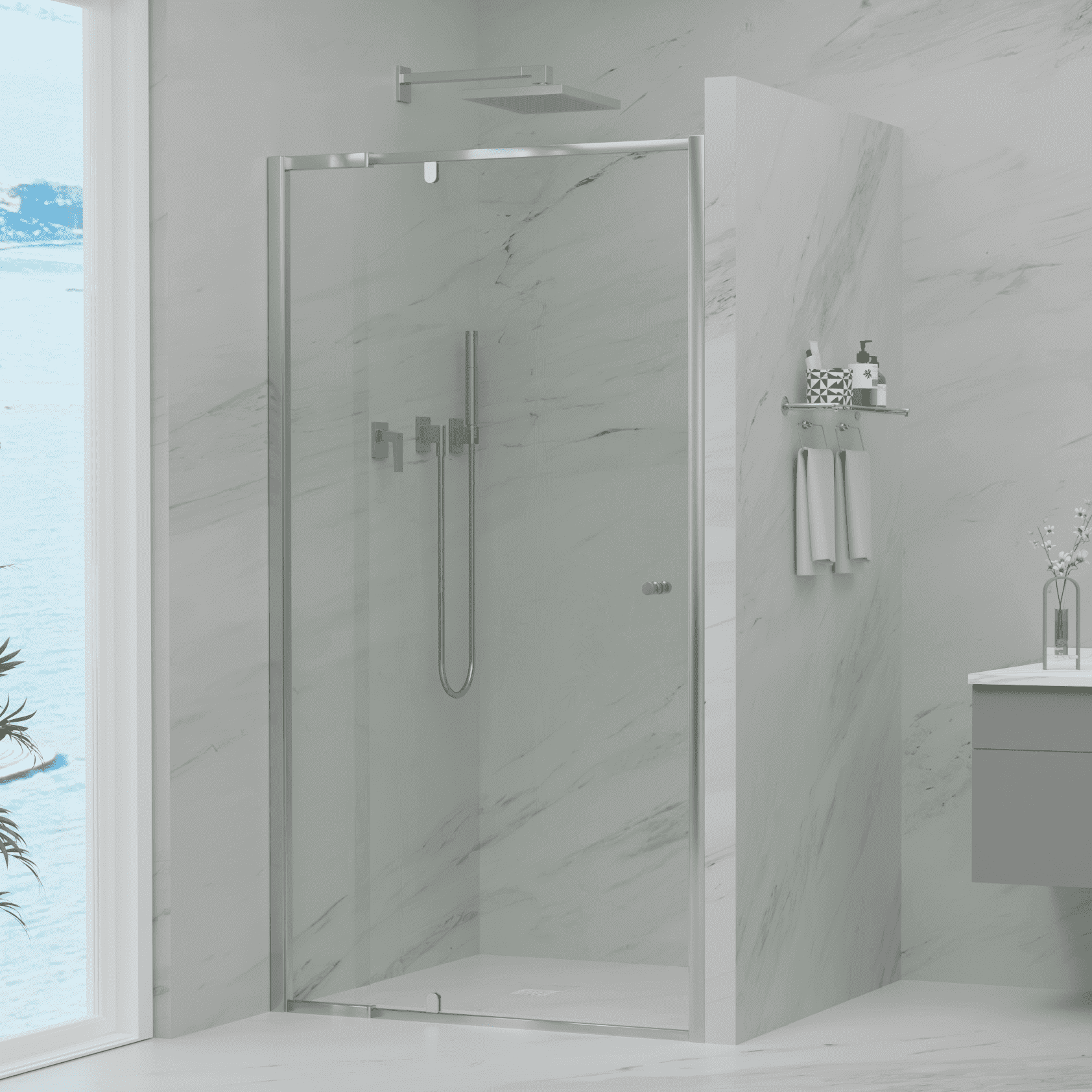 SEMI FRAMELESS PIVOT SCREEN | RETURN PANEL | CHROME