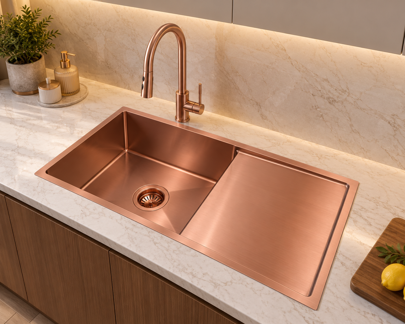 HAND MADE 960 SINGLE BOWL WITH DRAINER | ROSE GOLD