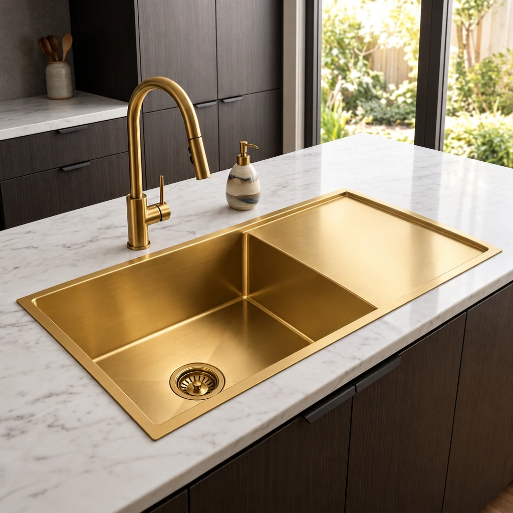 HAND MADE 960 SINGLE BOWL WITH DRAINER | BRUSHED GOLD