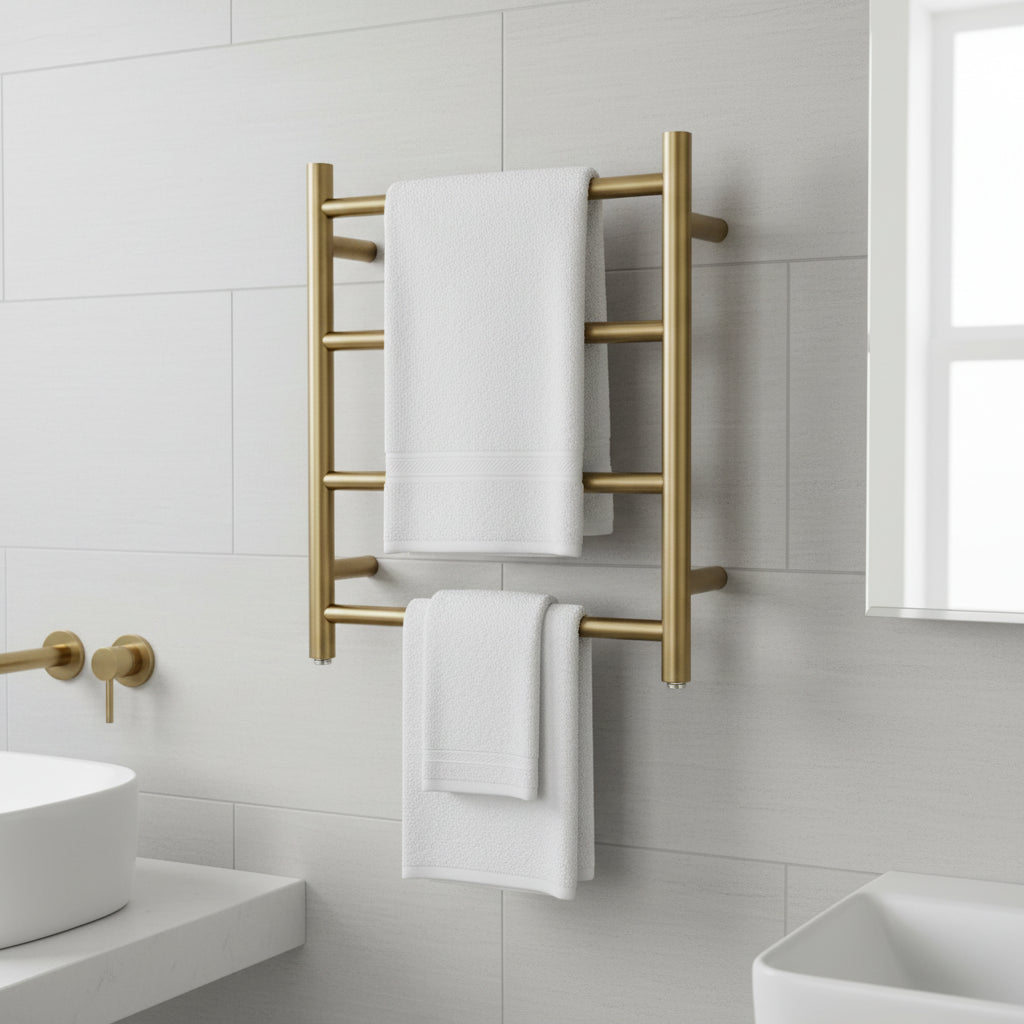 ROUND ELECTRIC HEATED TOWEL RAIL | 4 BARS | BRUSHED BRASS