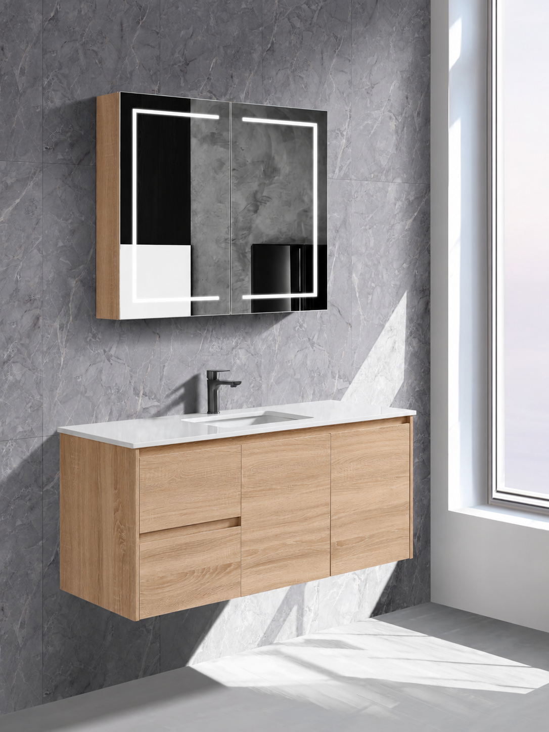 ROYCE 900MM WALL HUNG VANITY NATURAL TIMBER | CERAMIC TOP