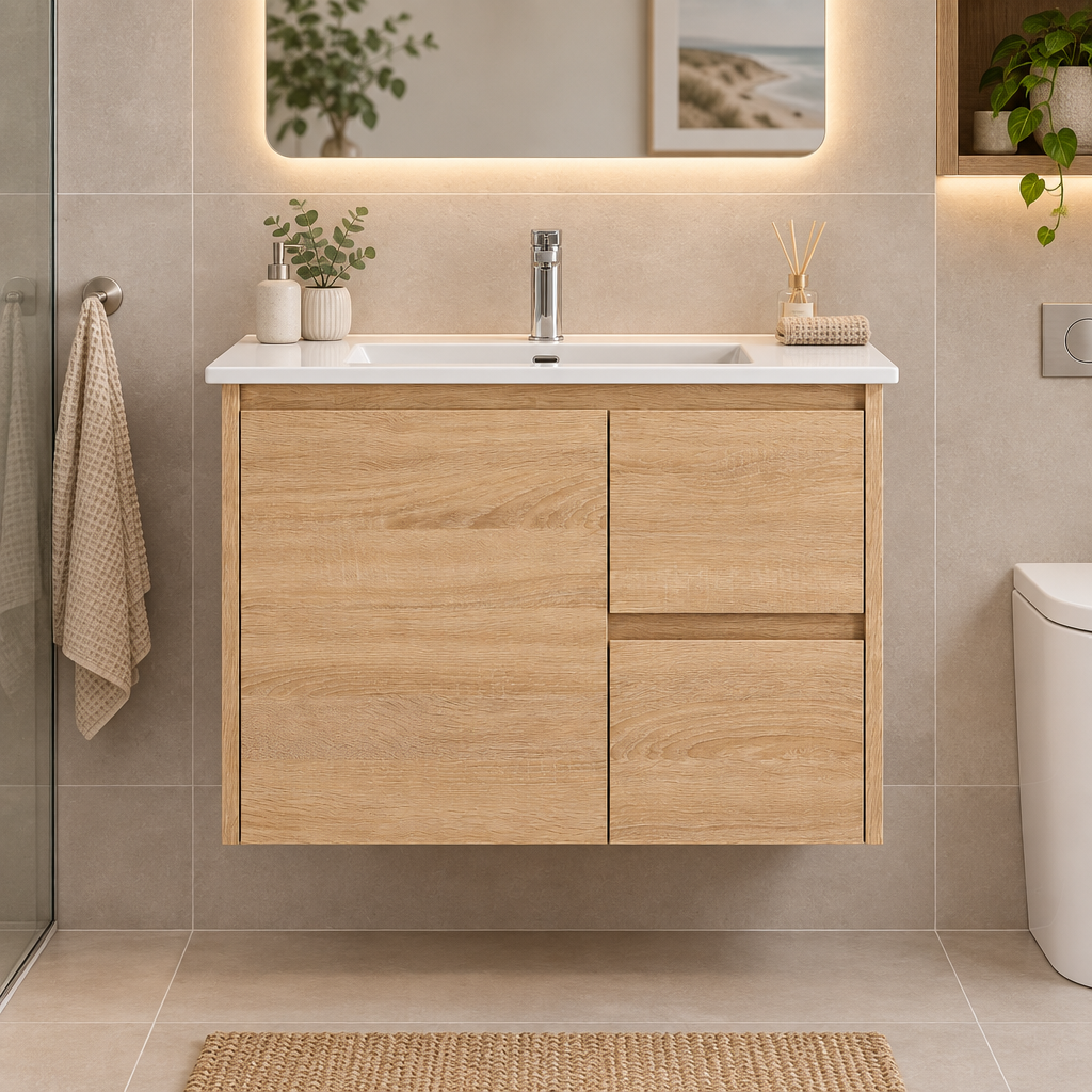 ROYCE 750MM WALL HUNG VANITY NATURAL TIMBER | CERAMIC TOP