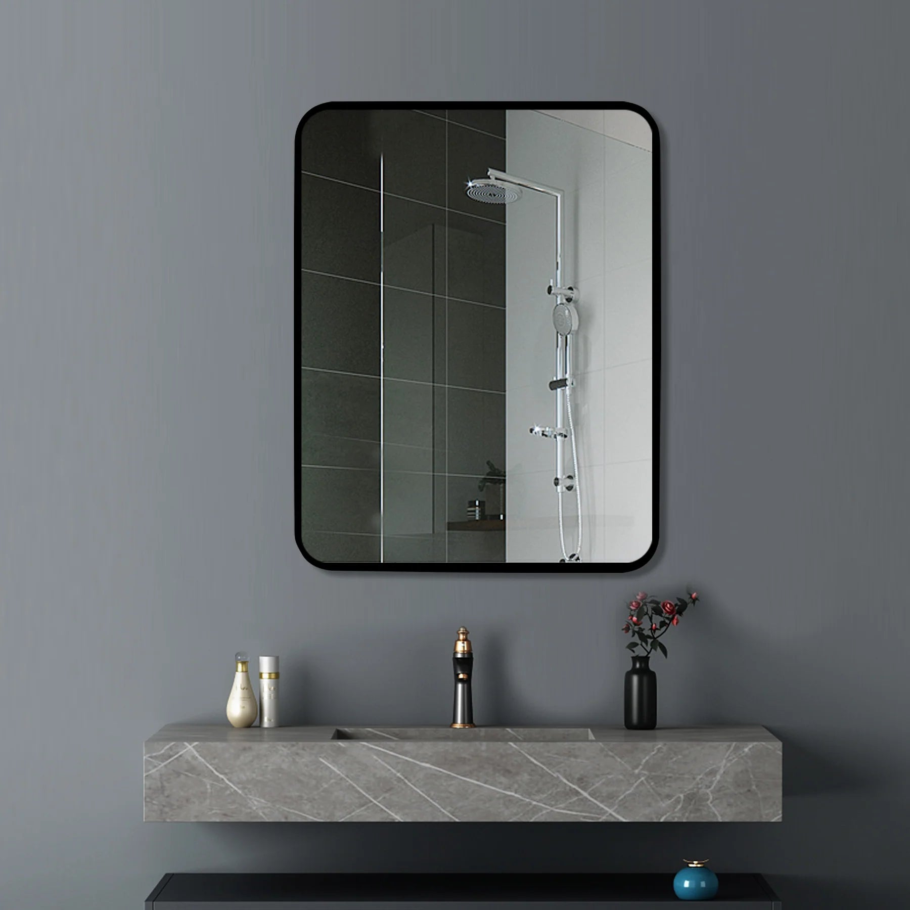 Square mirror with black frame for modern bathroom