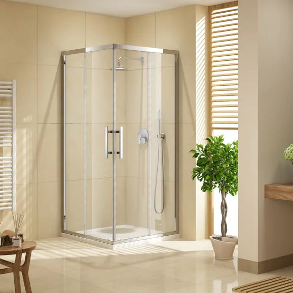 Semi-frameless corner sliding shower screen installed in Berwick modern bathroom